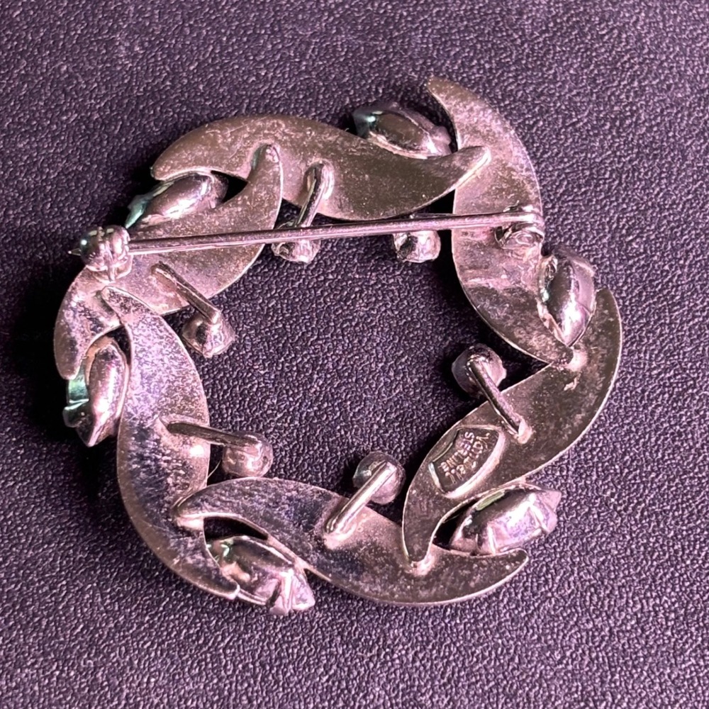 Van Dell Sterling Silver Wreath Brooch Blue Marquise Rhinestones Vintage Pin SS4 - Picture 2 of 4